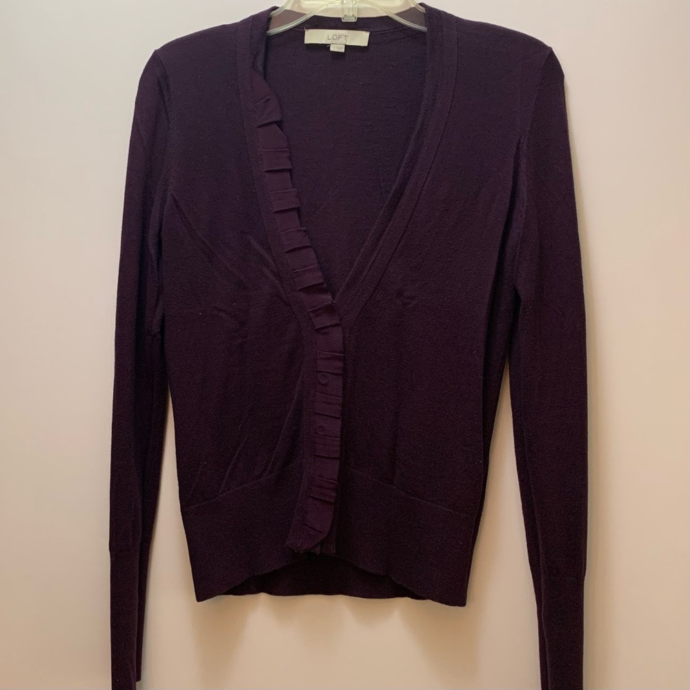Ruffled Ribbon V-Neck ~AT LOFT ~Cardigan ~Small ~Eggplant ~ Elegant Light Weigh…